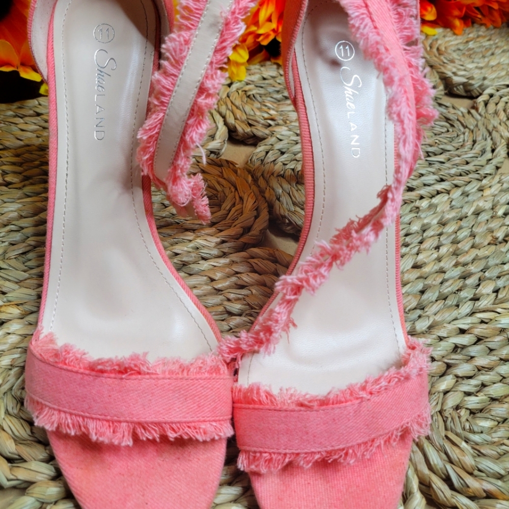 Pink Denim fringe heels
